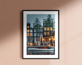 Amsterdam Canals Print, Fine Art Photography prints, Dutch Wall Art, Blue hour photography, Original photography, Home decor Art