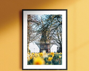 Windmill and Tulips Wall Art – Dutch Landscape Photography Print, Home decor posters, Warm Tone Wall Art, wall decorations for house