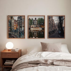 Amsterdam Canals, Set of 3 Art Prints, Home Decor wall art, Warm tone prints, Travel poster, Amsterdam Cityscape, Real photography