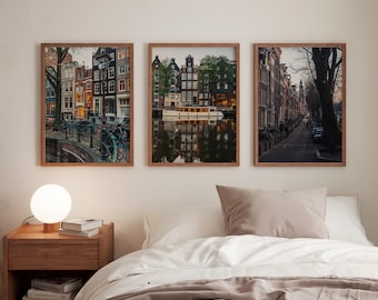 Amsterdam Canals, Set of 3 Art Prints, Home Decor wall art, Warm tone prints, Travel poster, Amsterdam Cityscape, Real photography