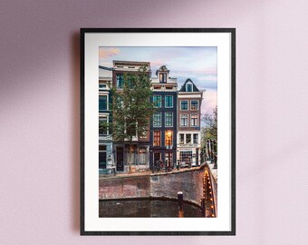 Print Amsterdam Canals, Home Decor wall art, Warm tone art prints, Travel poster, Real photo print, Amsterdam Cityscape