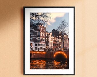 Amsterdam Canal photography Print, Home decor prints, Travel Poster, Warm Tone Wall Art, Cityscape