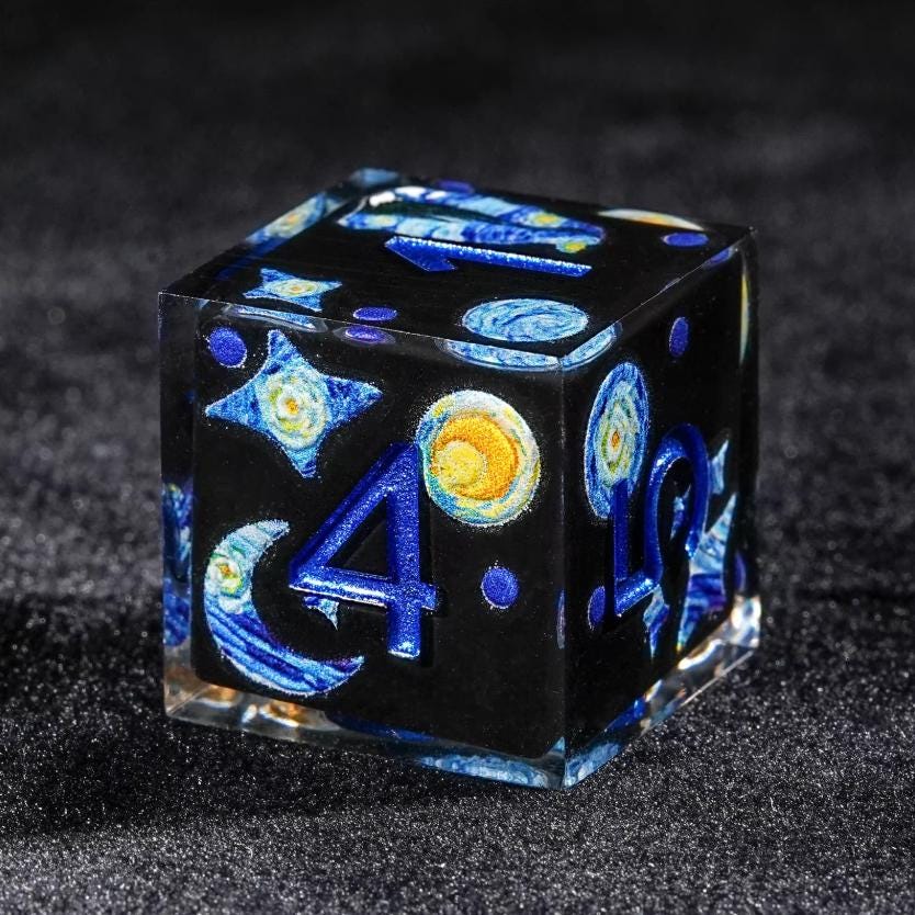 Van Gogh Style DND Dice Set - 7Pcs Milk Cat & Chinese Plum Resin Dice, Purple Black RPG Polyhedral Dice for Tabletop Games, Unique Dice Gift