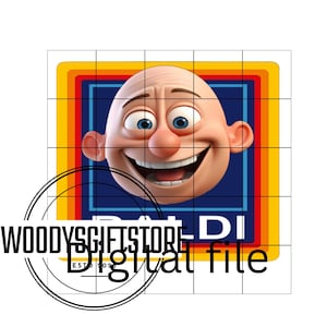 May include: Digital file featuring a cartoon character with a bald head, large blue eyes, and a wide smile. The character is set against a blue background with a colorful border. Text includes "Digital file" and "WOODY'SGIFTSTORE EST 2023".