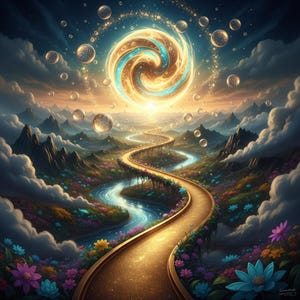 May include: A vibrant digital art piece depicts a golden path winding through a colorful landscape of mountains, flowers, and a river. A swirling, glowing orb dominates the sky, surrounded by bubbles. The artwork evokes a sense of fantasy and wonder.