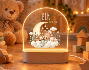 Woodland Animals Night Light, Child's Night Lamp with Name and Date as a Christening Gift Idea, Personalized Bear Night Light for Birth, Baby Night Light