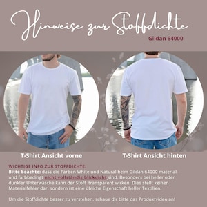 May include: A white Gildan 64000 t-shirt shown from the front and back. The text reads: Hinweise zur Stoffdichte, Gildan 64000, T-Shirt Ansicht vorne, T-Shirt Ansicht hinten, WICHTIGE INFO ZUR STOFFDICHTE: Bitte beachte: dass die Farben White und Natural beim Gildan 64000 material- und farbbedingt nicht vollst&auml;ndig blickdicht sind. Besonders bei heller oder dunkler Unterw&auml;sche kann der Stoff transparent wirken. Dies stellt keinen Materialfehler dar, sondern ist eine &uuml;bliche Eigenschaft heller Textilien. Um die Stoffdichte besser zu verstehen, schaue dir bitte das Produktvideo an!