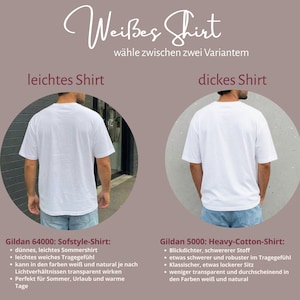 May include: Two white t-shirts shown from the back, labeled as 'leichtes Shirt' and 'dickes Shirt'. The text 'Wei&szlig;es Shirt w&auml;hle zwischen zwei Varianten' appears at the top, with detailed descriptions for Gildan 64000 and Gildan 5000 models below.