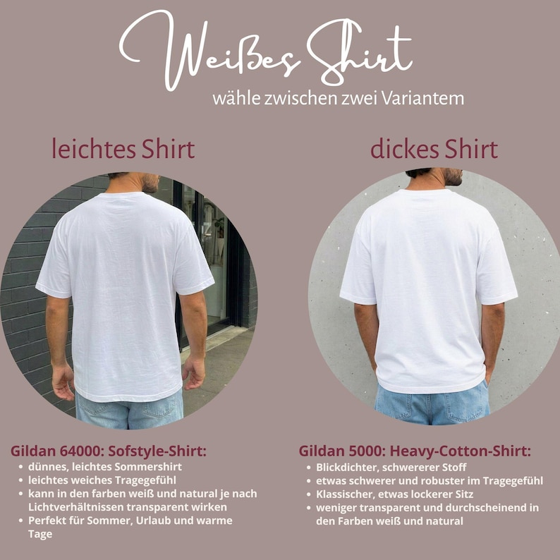 May include: Two white t-shirts shown from the back, labeled as 'leichtes Shirt' and 'dickes Shirt'. The text 'Wei&szlig;es Shirt w&auml;hle zwischen zwei Varianten' appears at the top, with detailed descriptions for Gildan 64000 and Gildan 5000 models below.