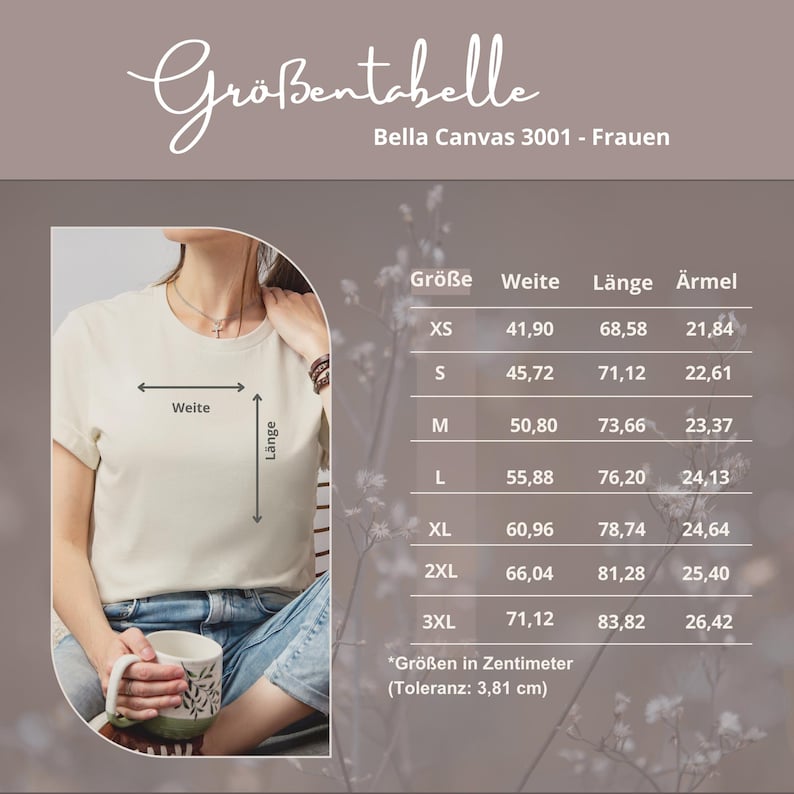 May include: A cream-colored t-shirt with rolled-up sleeves, paired with blue jeans. A size chart in German is displayed, with measurements in centimeters for various sizes, including XS, S, M, L, XL, 2XL, and 3XL.