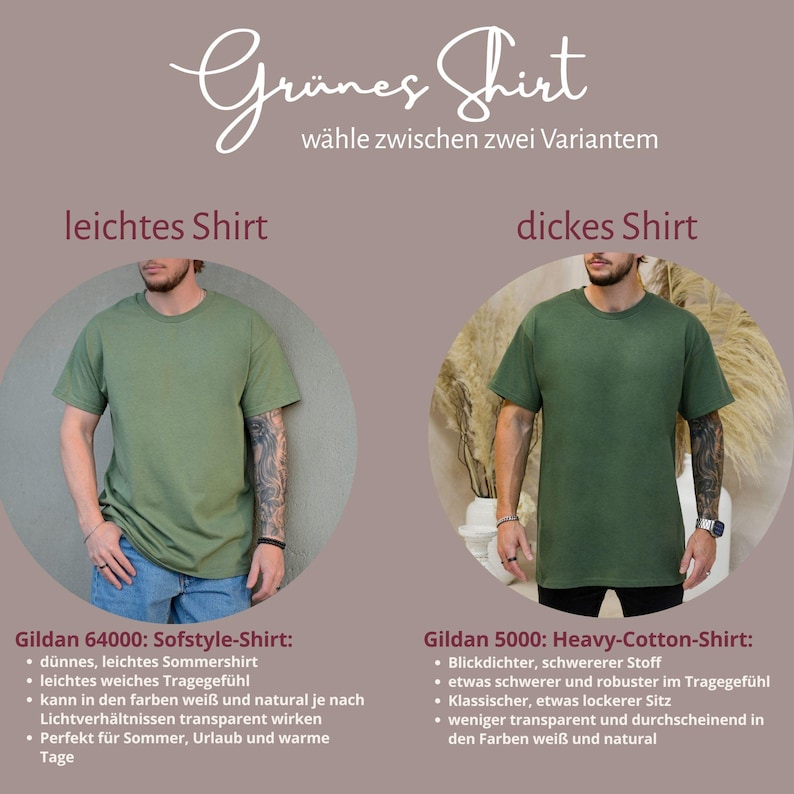 May include: Two olive green t-shirts shown in circular frames. The left side displays a lightweight Gildan 64000 shirt, while the right side displays a heavier Gildan 5000 cotton shirt. Text includes Grunes Shirt, leichtes Shirt, and dickes Shirt.