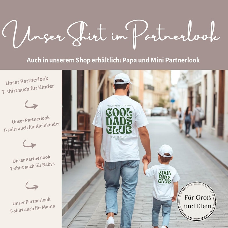 May include: A white t-shirt worn by an adult with the dark green text COOL DADS CLUB and a smaller matching white t-shirt worn by a child with the dark green text COOL KIDS CLUB. Both shirts feature short sleeves and a crew neckline design.