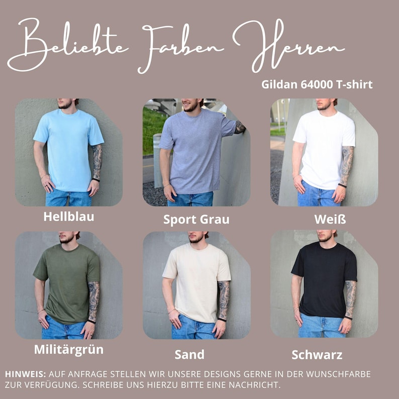 May include: A Gildan 64000 t-shirt color chart featuring six short-sleeved shirts in light blue, sport gray, white, military green, sand, and black. The text reads Beliebte Farben Herren, Gildan 64000 T-shirt, Hellblau, Sport Grau, Wei&szlig;, Milit&auml;rgr&uuml;n, Sand, Schwarz.