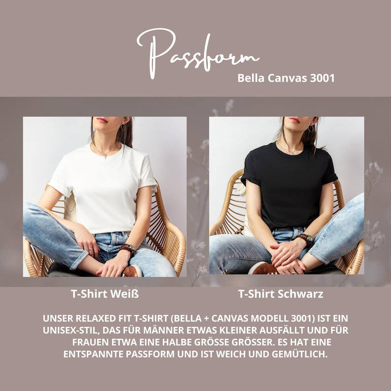 May include: Two t-shirts, one white and one black, are displayed. The white t-shirt is on the left, and the black t-shirt is on the right. The text "Passform" and "Bella Canvas 3001" are at the top.