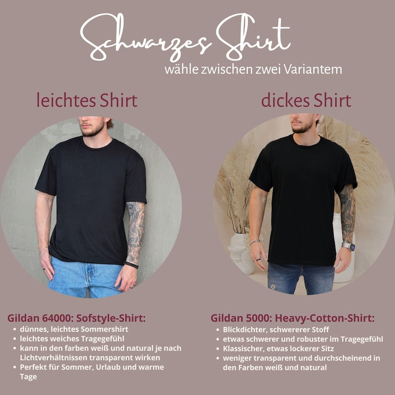May include: A comparison graphic featuring two black t-shirts. The left side shows a lightweight Gildan 64000 Softstyle shirt, while the right side displays a heavier Gildan 5000 Heavy-Cotton shirt. Text includes Schwarzes Shirt, leichtes Shirt, and dickes Shirt.