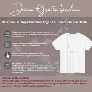 May include: A sizing guide infographic featuring a white t-shirt with measurement lines labeled Width and Length. The text includes instructions in German on how to measure a shirt flat, compare values to a size chart, and notes regarding returns.