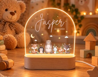 Personalized night light for children with name and date, perfect as a christening gift; personalized woodland animal night light for birth; nursery night light as a birth gift