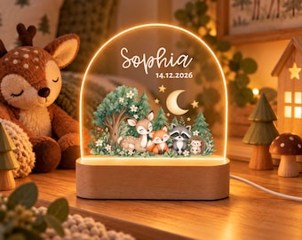 Woodland Animals Night Light, Child's Night Lamp with Name and Date as a Christening Gift Idea, Personalized Acrylic Night Lamp for Birth, Baby Night Light