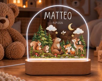 Nachtlicht Waldtiere, Nachtlampe Kind mit Name Datum als Geschenkidee Taufe, personalisierte Nachtlampe Acryl zur Geburt, Nachtlicht Baby