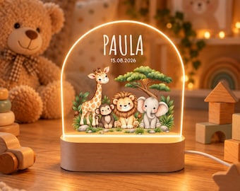 Safari night light, child's night lamp with name and date as a gift idea for christening, personalized lion night light for birth, baby night light
