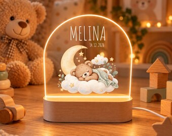 Bear night light, child's night lamp with name and date as a christening gift idea, personalized acrylic night lamp for birth, baby night light