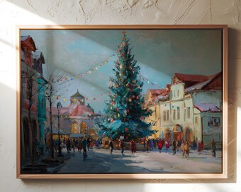 Christmas Town Square Tree Art Print – Festive Holiday Painting – Winter Market Wall Decor – Vintage Seasonal Christmas Artwork
