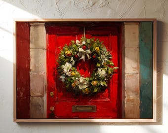 Christmas Wreath Red Door Art Print – Festive Holiday Painting – Traditional Winter Wall Decor – Vintage Seasonal Home Artwork