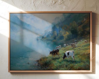 Impression de vache Misty Lake – Art mural paisible de paysage de ferme pour une décoration champêtre