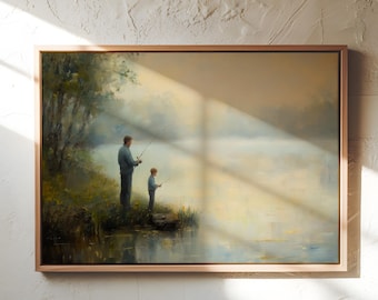 Father and Son Fishing Art – Sentimental Lake Scene Print | Gift for Dad | Emotional Wall Art for Fathers Day