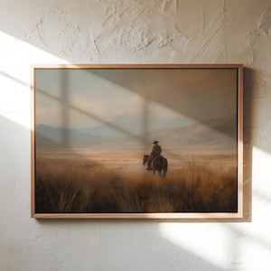 Cowboy Art Print – Western Landscape Painting of Rider on Horseback | Rustic Country Wall Decor | Desert Plains Canvas