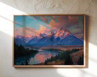 Grand Teton Sunset Art Print – Mountain Landscape Painting – Wyoming Wall Decor – National Park Nature Artwork for Home