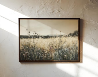 Flower Artwork | Rustic Wildflower Print, Neutral Botanical Landscape Canvas, Vintage Floral Wall Decor