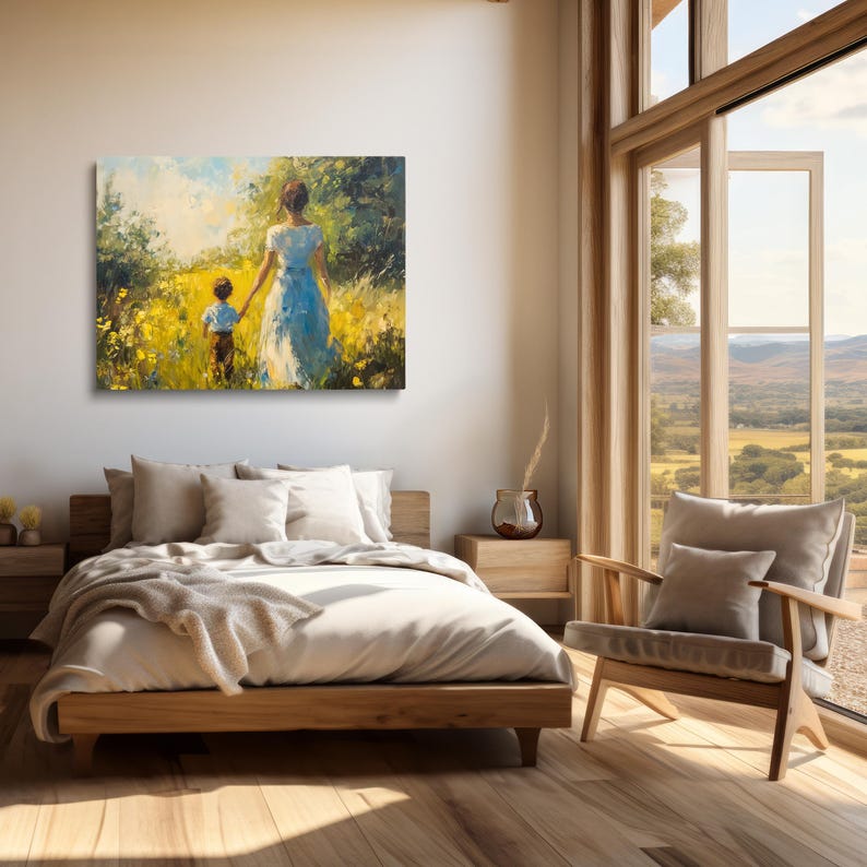Peut inclure: Une peinture repr&eacute;sentant une femme et un enfant marchant dans un champ de fleurs jaunes. La femme porte une robe bleue et l'enfant porte une chemise bleue et un short marron. La peinture est r&eacute;alis&eacute;e dans un style r&eacute;aliste et d&eacute;gage une ambiance chaleureuse et accueillante.