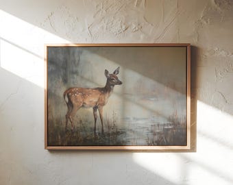 Deer Wildlife Painting – Serene Nature Wall Art Print | Rustic Forest Decor | Misty Woodland Scene | Canvas or Paper Doe Artwork