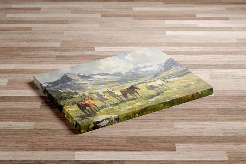Wild Horse Painting Print – Western Mountain Landscape Wall Art, Rustic Equestrian Decor, Country Nature Scene Artwork immagine 3
