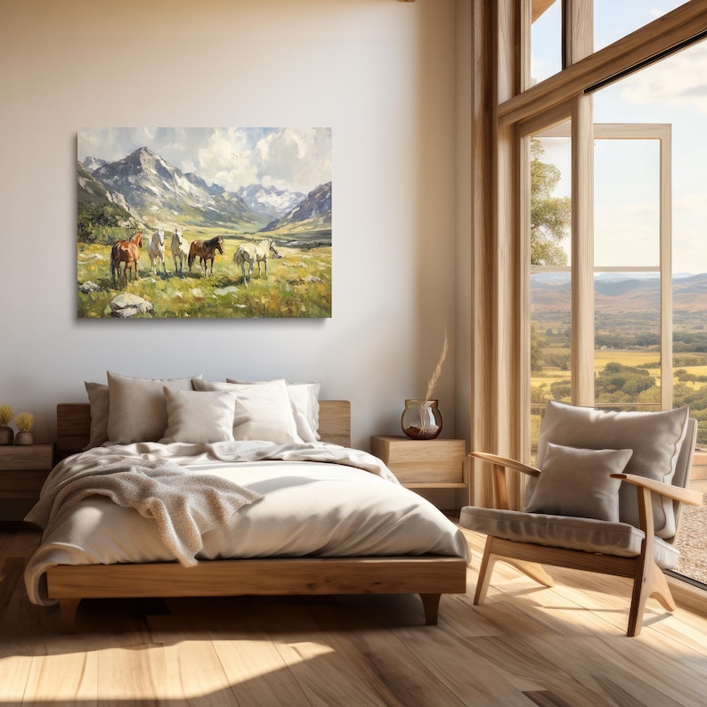 Wild Horse Painting Print – Western Mountain Landscape Wall Art, Rustic Equestrian Decor, Country Nature Scene Artwork immagine 2
