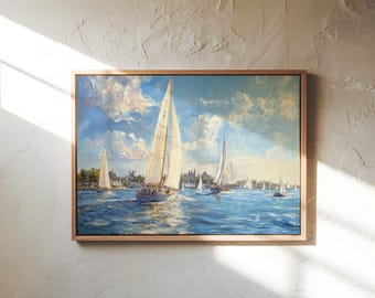 Newport Harbor Sailing Canvas Print - Nautical Wall Art, Coastal Seascape, Yacht Racing Painting, Maritime Decor, Beach House Gift