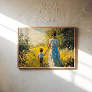Peut inclure: Une peinture repr&eacute;sentant une femme et un enfant marchant dans un champ de fleurs jaunes. La femme porte une robe bleu clair et l'enfant porte une chemise bleue et un pantalon marron.