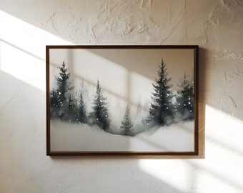 Snowy Winter Forest Wall Art | Christmas Canvas Print | Evergreen Tree Landscape Watercolor Painting