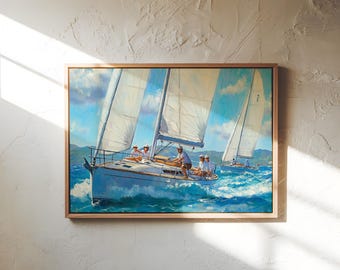 Oil Painting Family Sailing Wall Art - Ocean Sailboat Canvas Print, Nautical Home Decor Gift for Coastal Living