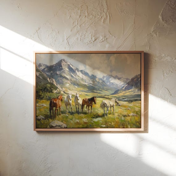 Wild Horse Painting Print – Western Mountain Landscape Wall Art, Rustic Equestrian Decor, Country Nature Scene Artwork