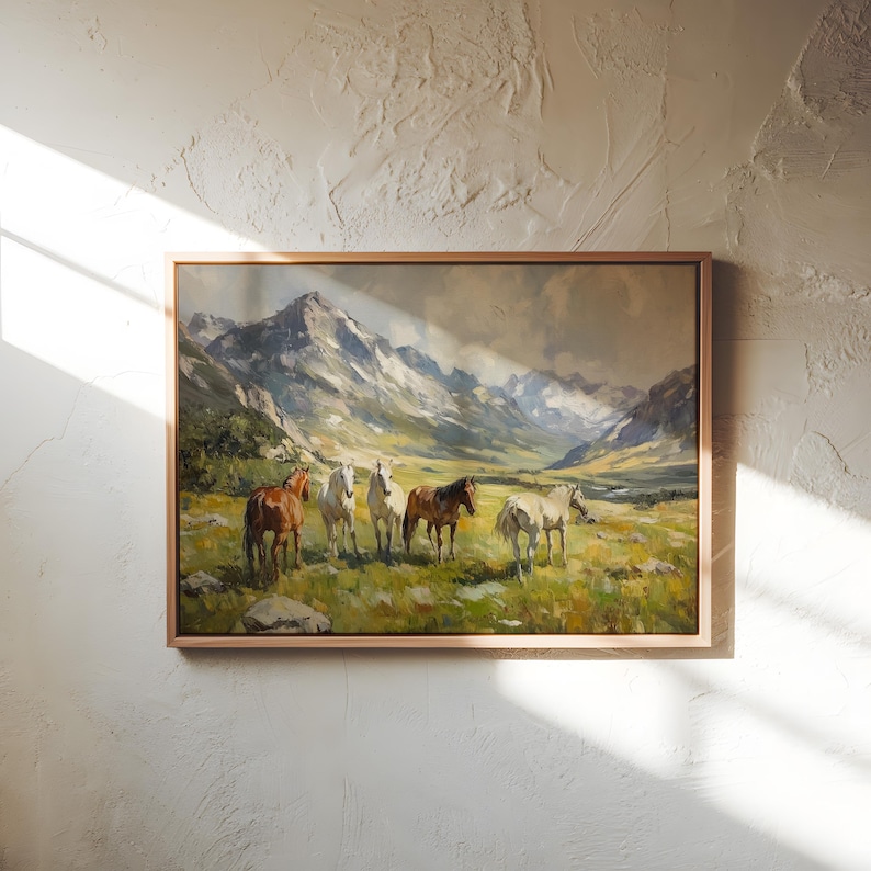 Wild Horse Painting Print – Western Mountain Landscape Wall Art, Rustic Equestrian Decor, Country Nature Scene Artwork immagine 1