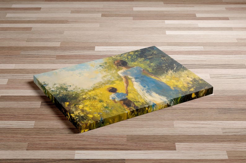 Peut inclure: Une peinture repr&eacute;sentant une femme et un enfant marchant dans un champ de fleurs jaunes. La femme porte une robe bleue et l'enfant porte une chemise bleue et un jean. La peinture est r&eacute;alis&eacute;e dans un style r&eacute;aliste avec une palette de couleurs douces et tamis&eacute;es.