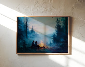 Tableau couple feu de camp – Impression d'art murale forêt romantique | Décoration extérieure rustique | Scène de soirée brumeuse | Impression sur toile ou papier