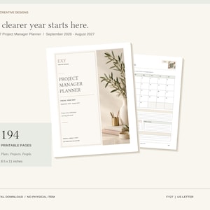 Puede incluir: Un planificador de proyectos digital FY27 con 194 páginas imprimibles. La portada muestra el texto EXY Creative Designs, A clearer year starts here y Project Manager Planner, junto con una vista de calendario mensual. Tamaño US Letter.