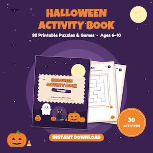 Halloween-aktivitetsbok för barn, 30 kusliga pussel och spel (6-10 år), festaktivitet för klassrummet (digital nedladdning)