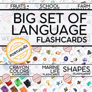 Könnte beinhalten: Ein großes Set an Lernkarten mit verschiedenen Kategorien wie Obst, Gemüse, Schulsachen, Bauernhoftiere, Wetter, Meereslebewesen und Formen, inklusive der Aufschrift BIG SET OF LANGUAGE FLASHCARDS und PORTUGUÊS.