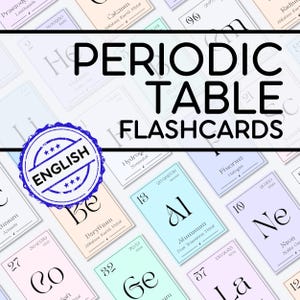 May include: A collection of periodic table flashcards featuring pastel-colored backgrounds and black text. Each card displays an element symbol, atomic number, name, and category. A blue circular stamp with the text ENGLISH is overlaid.