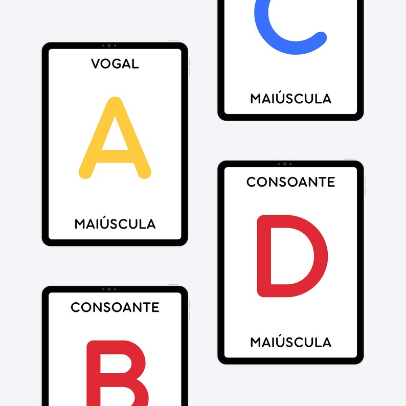 VOGAL A MAIÚSCULA, CONSOANTE B MAIÚSCULA, CONSOANTE C MAIÚSCULA, CONSOANTE D MAIÚSCULA