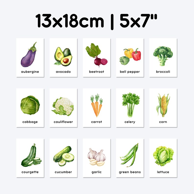 13x18cm | 5x7" | aubergine, avocado, beetroot, bell pepper, broccoli, cabbage, cauliflower, carrot, celery, corn, courgette, cucumber, garlic, green beans, lettuce